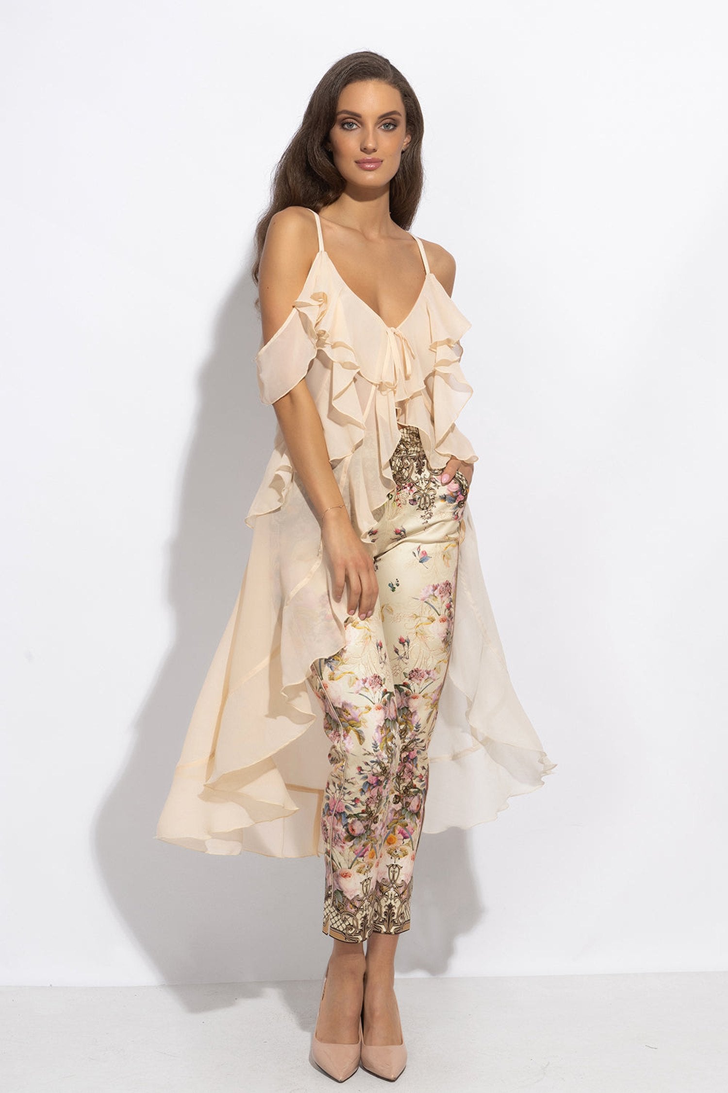 LONG RUFFLED CHIFFON TUNIC IN BEIGE - ESSENTIALS
