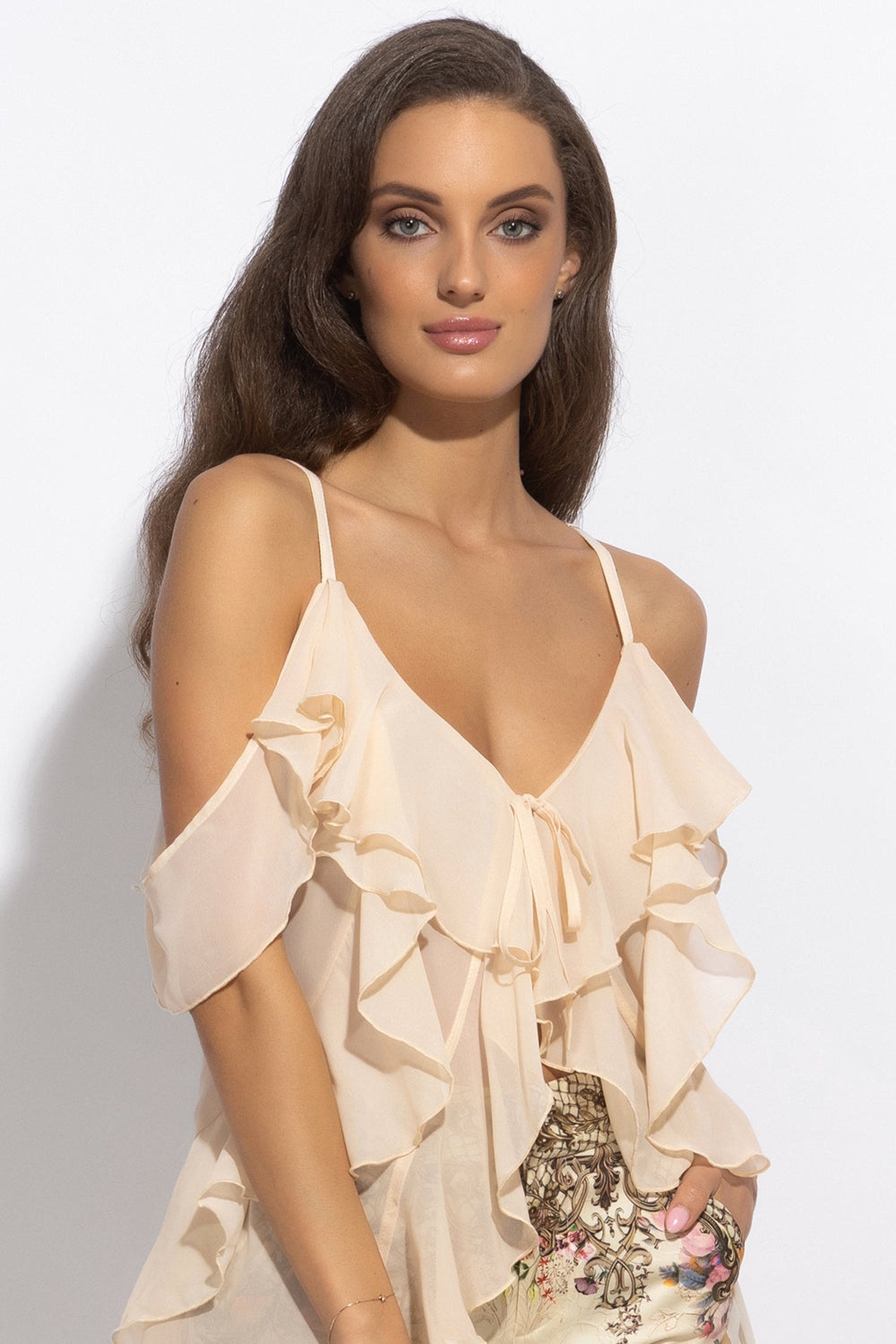 LONG RUFFLED CHIFFON TUNIC IN BEIGE - ESSENTIALS