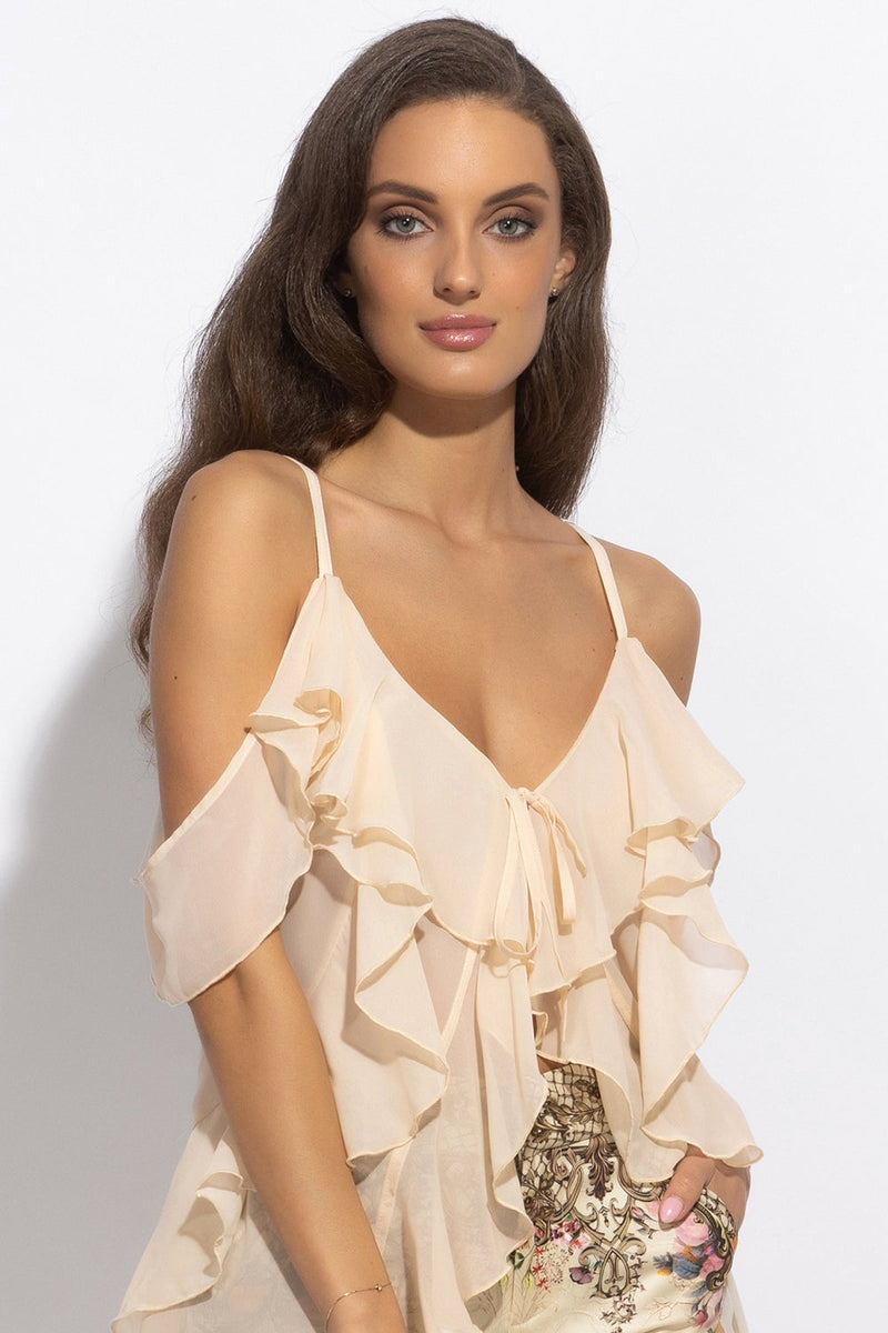 TUNIQUE LONGUE EN CHIFFON À VOLANTS EN BEIGE - ESSENTIELS