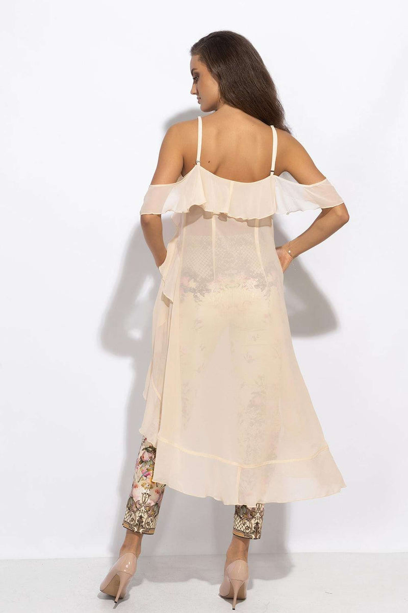 TUNIQUE LONGUE EN CHIFFON À VOLANTS EN BEIGE - ESSENTIELS