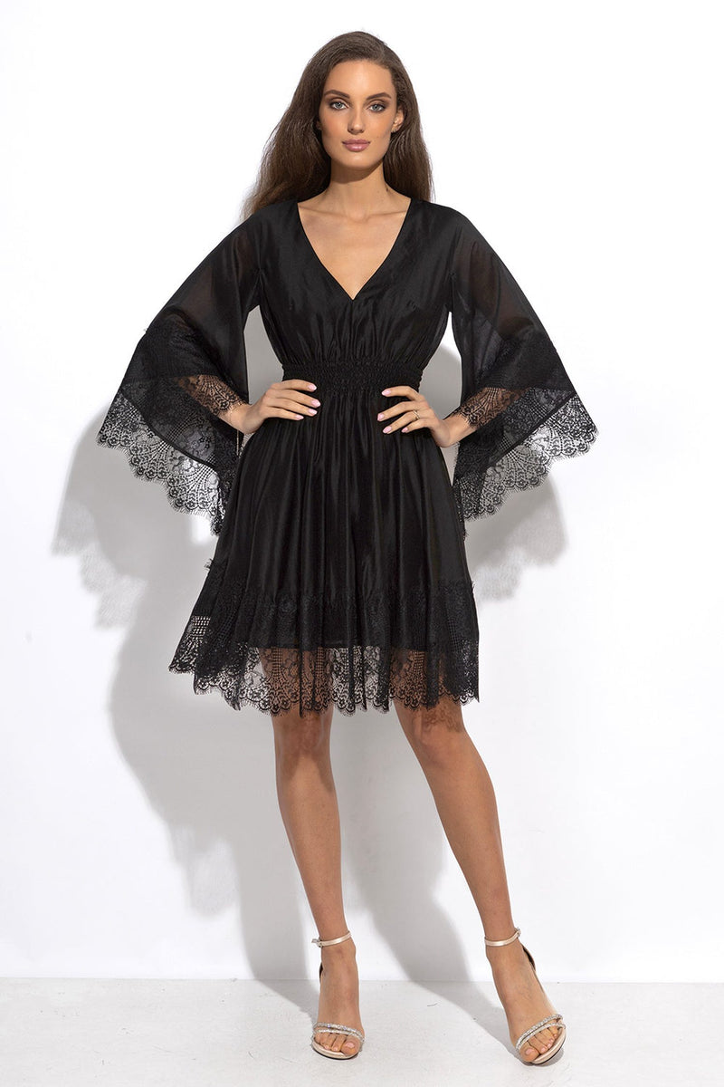 SHORT BLACK LYOCELL DRESS WITH LACE - ESSENTIALS