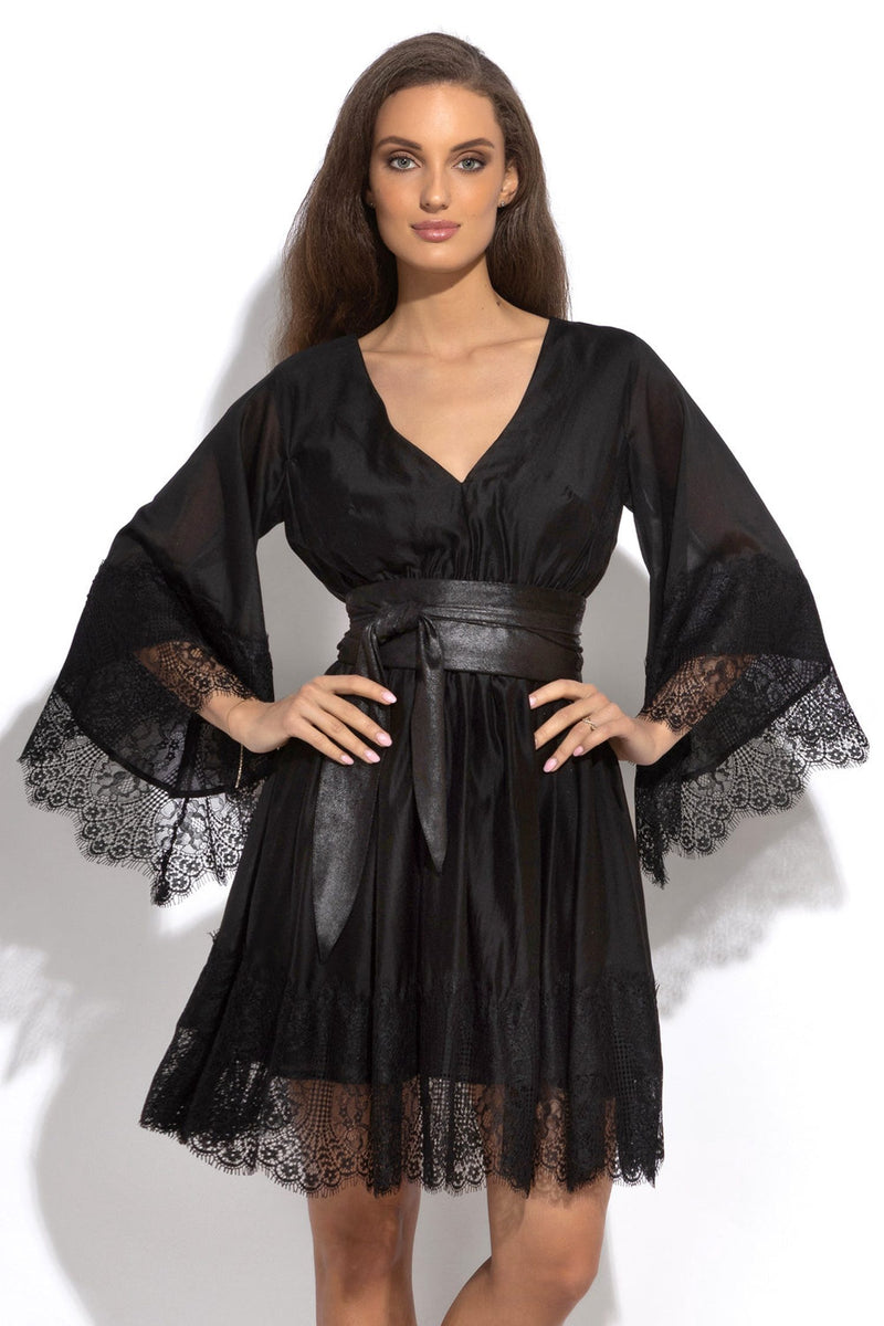 SHORT BLACK LYOCELL DRESS WITH LACE - ESSENTIALS
