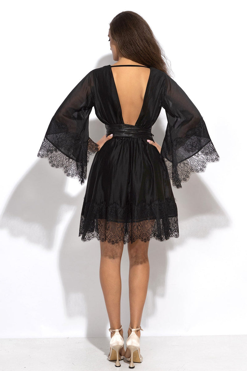 SHORT BLACK LYOCELL DRESS WITH LACE - ESSENTIALS