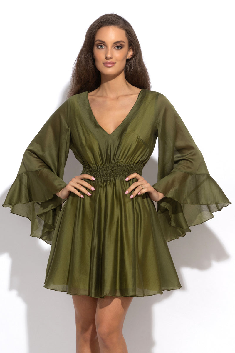 SHORT TENCEL DRESS WITH WIDE SLEEVES IN OLIVE GREEN - ESSENTIALS