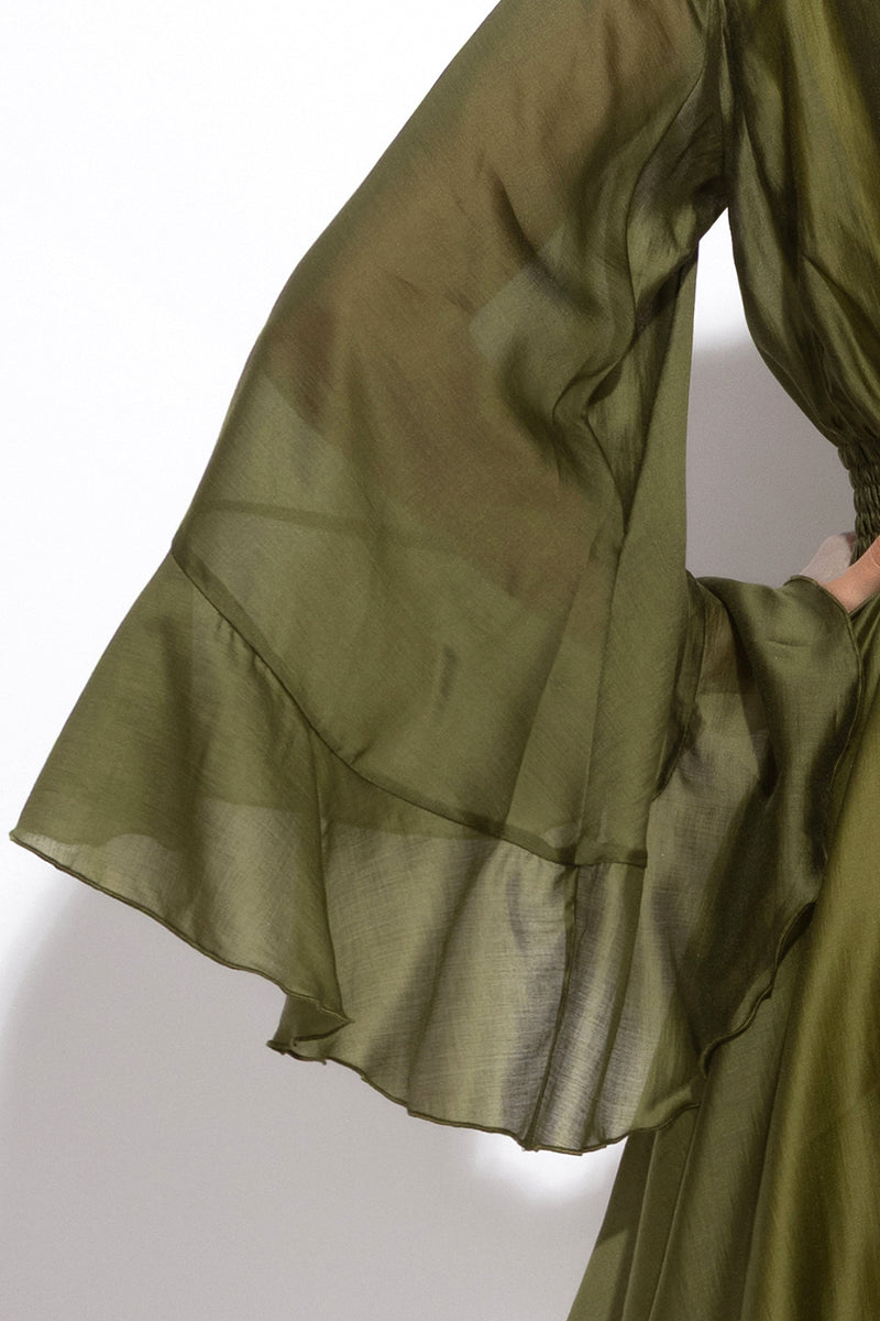 SHORT TENCEL DRESS WITH WIDE SLEEVES IN OLIVE GREEN - ESSENTIALS