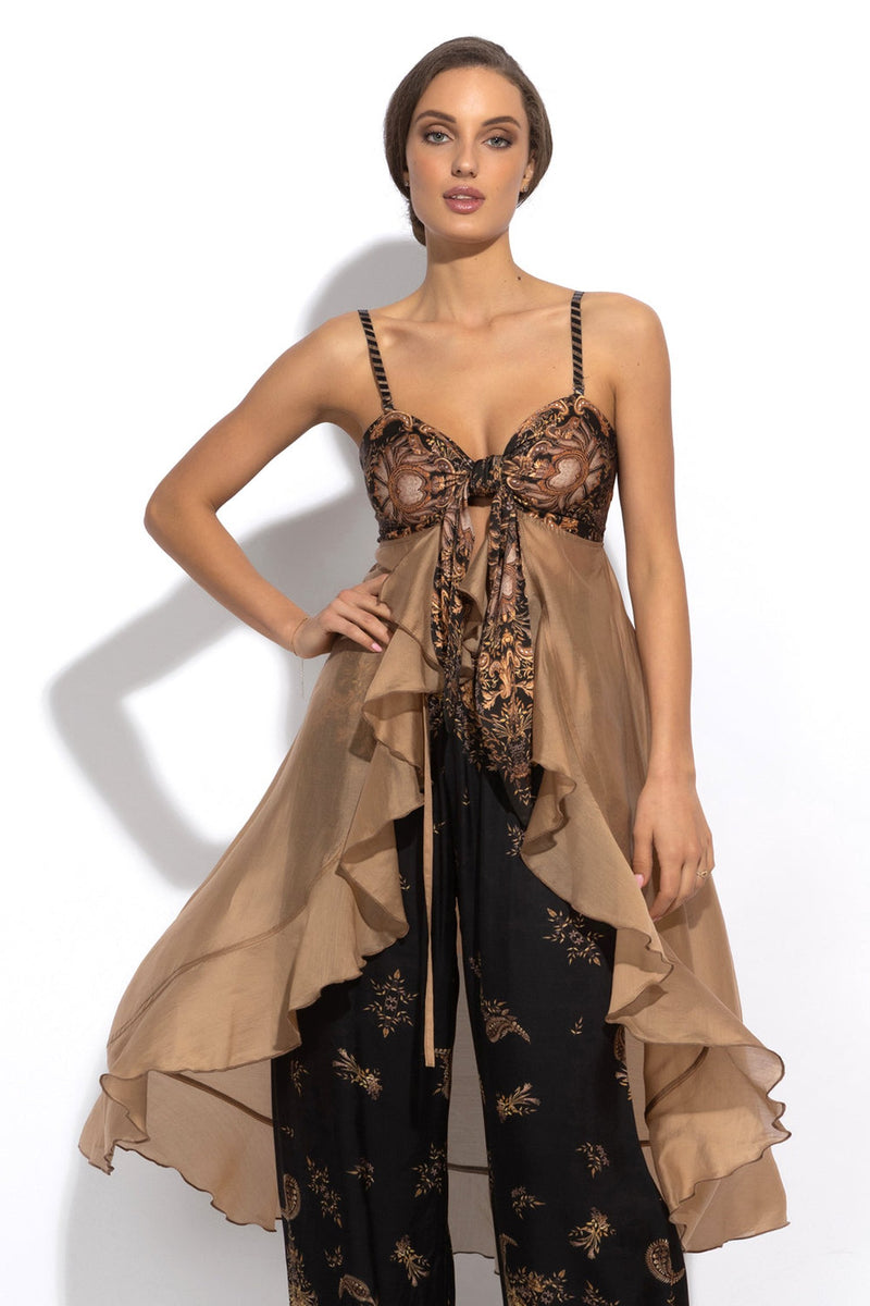 LYOCELl AND VISCOSE LONG RUFFLED TUNIC - GOLDEN STRIPES