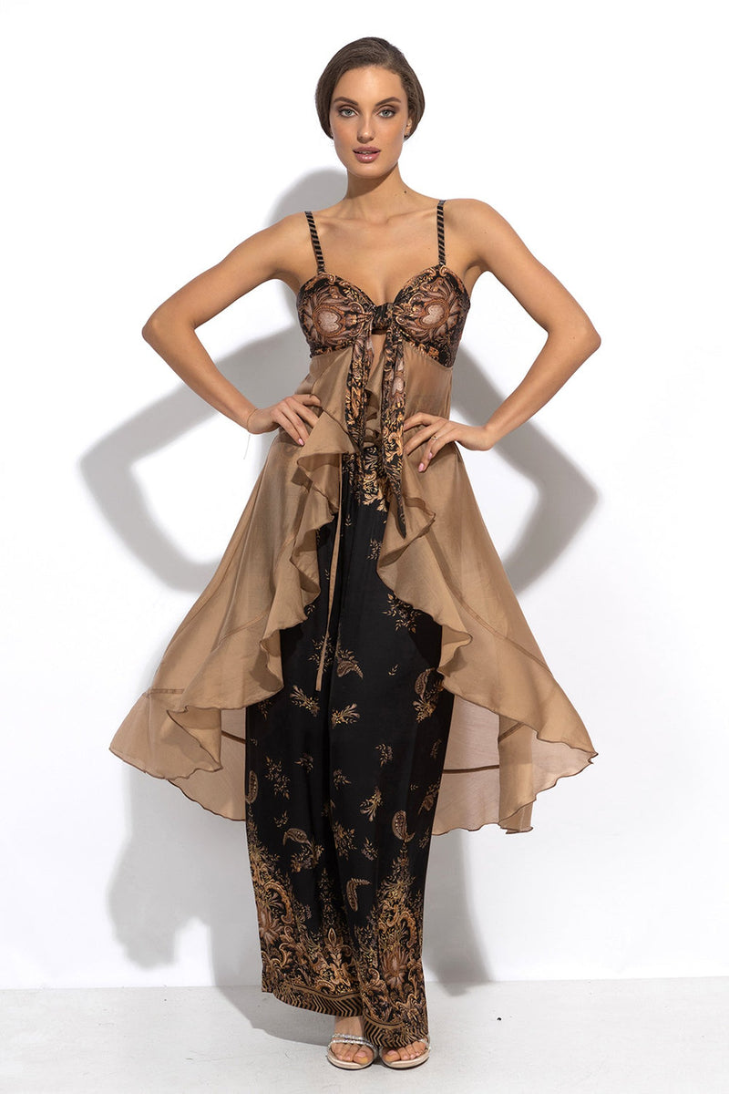 LYOCELl AND VISCOSE LONG RUFFLED TUNIC - GOLDEN STRIPES