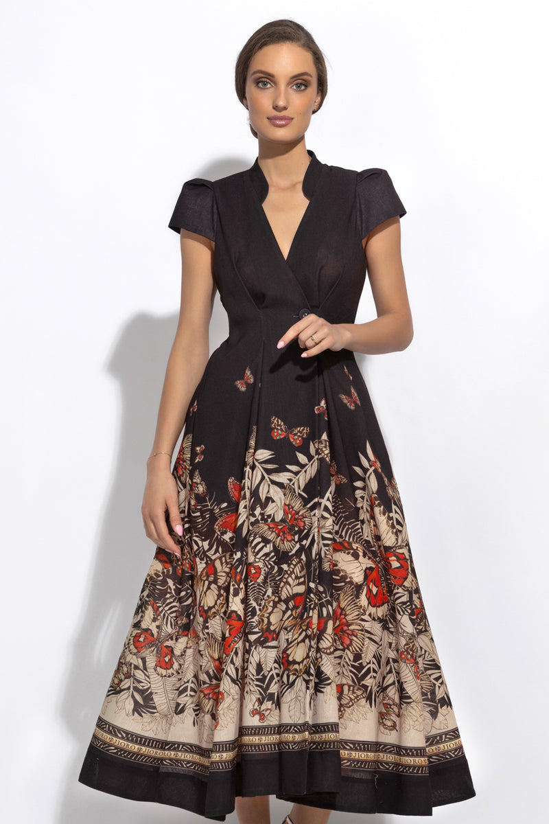 LONG FLARED LINEN DRESS - MIDNIGHT BUTTERFLIES