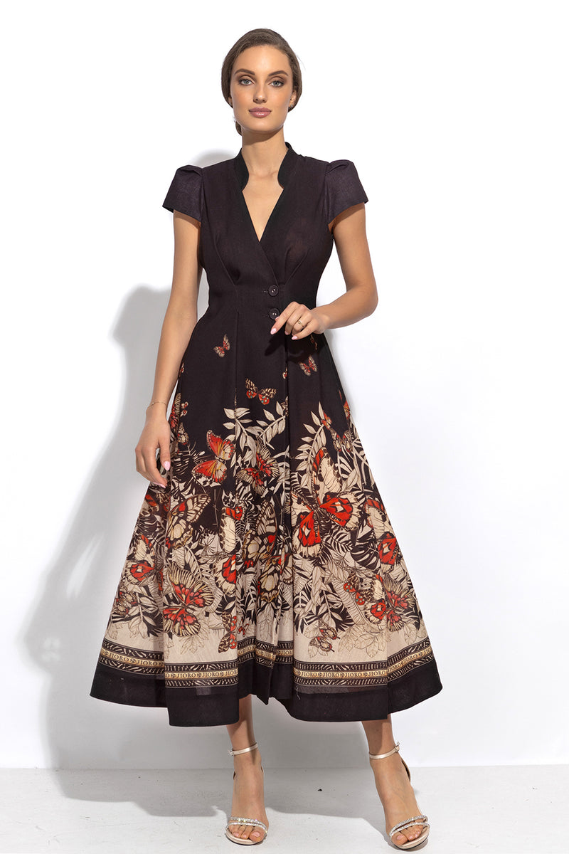 LONG FLARED LINEN DRESS - MIDNIGHT BUTTERFLIES
