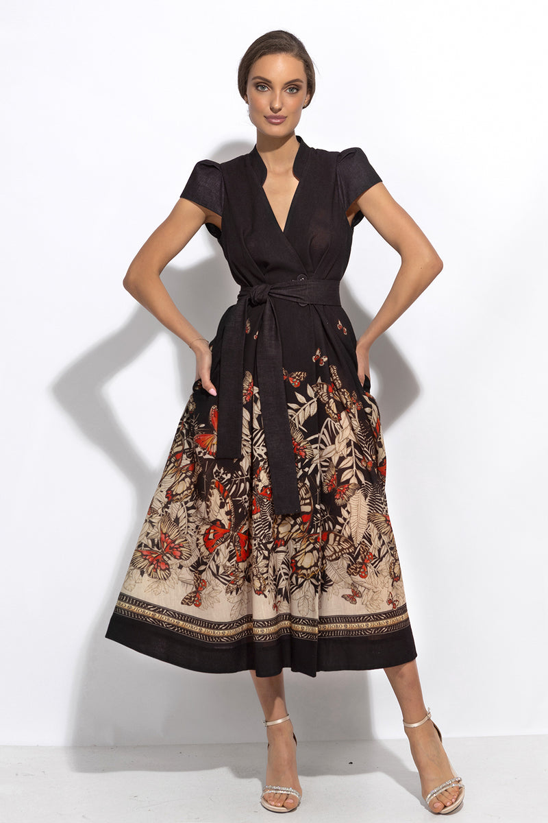 LONG FLARED LINEN DRESS - MIDNIGHT BUTTERFLIES
