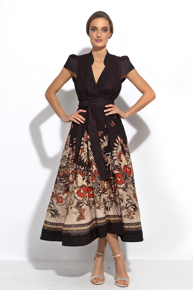 LONG FLARED LINEN DRESS - MIDNIGHT BUTTERFLIES