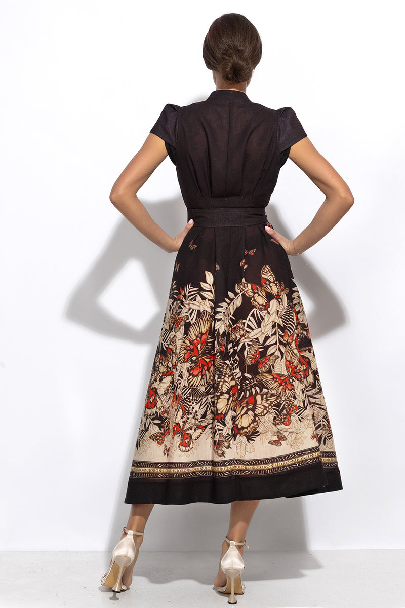 LONG FLARED LINEN DRESS - MIDNIGHT BUTTERFLIES