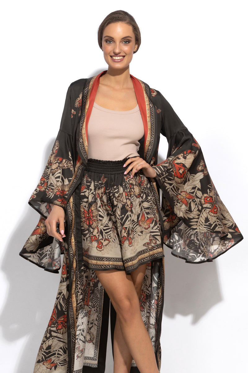 VISCOSE KIMONO WITH DRAPED BACK AND SHAWL COLLAR - MIDNIGHT BUTTERFLIES