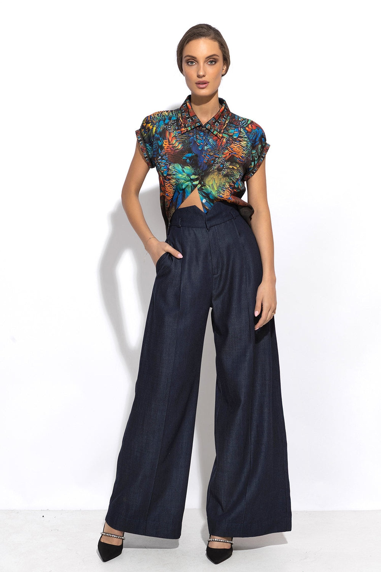 TENCEL DENIM PANTS WITH HIGH WAIST AND WIDE LEG - ESSENTIALS
