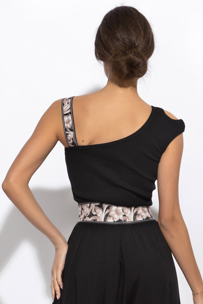 ASYMMETRICAL RIBBED TANK TOP IN BLACK WITH ELASTIC STRAP BAROQUE PEARL - ESSENTIALS