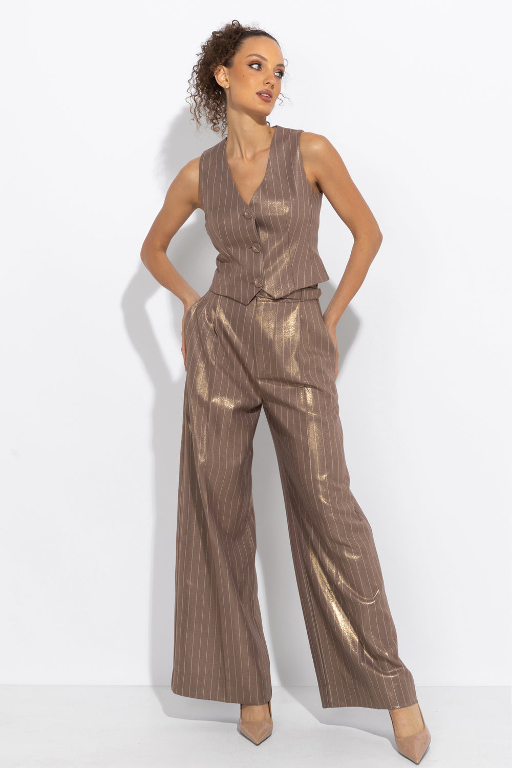 STRIPED VISCOSE BLEND VEST IN BEIGE - ESSENTIALS