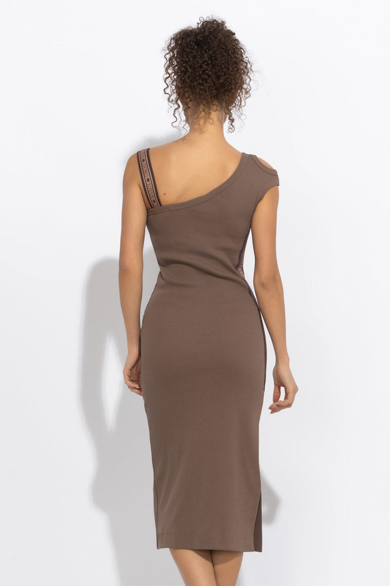 COTTON MIDI DRESS WITH ASYMMETRICAL SHOULDERS AND STRAP MOCHA MOUSSE LOGO - ESSENTIALS