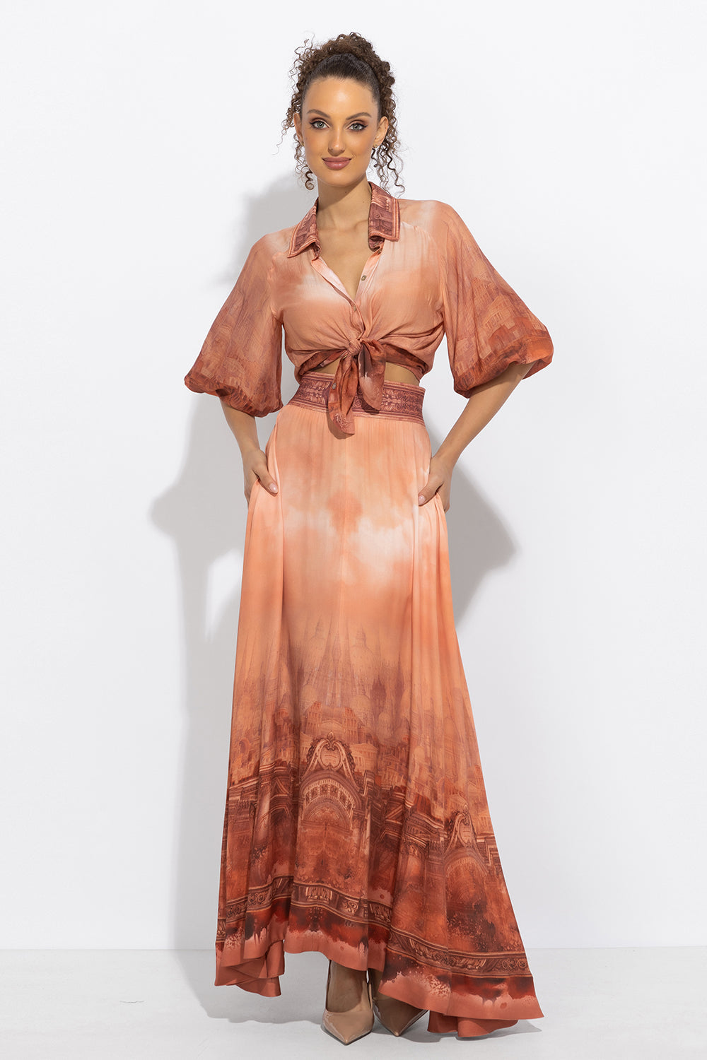 3/4-SLEEVE SHIRT WITH ELASTIC HEM AND SHELL BUTTON PLASTRON IN VISCOSE-SILK - ANCIENT TOWN
