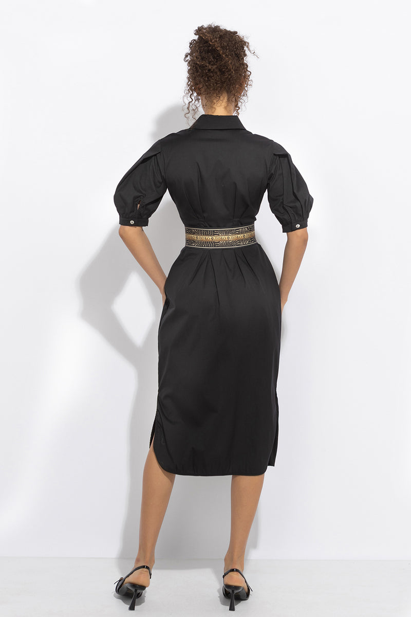 BLACK SHIRT COTTON POPLIN DRESS WITH OVAL HEM - ESSENTIALS JIORO ЧЕРНА РОКЛЯ ТИП РИЗА ОТ ПАМУЧЕН ПОПЛИН С ОВАЛЕН ПОДГЪВ - ESSENTIALS JIORO