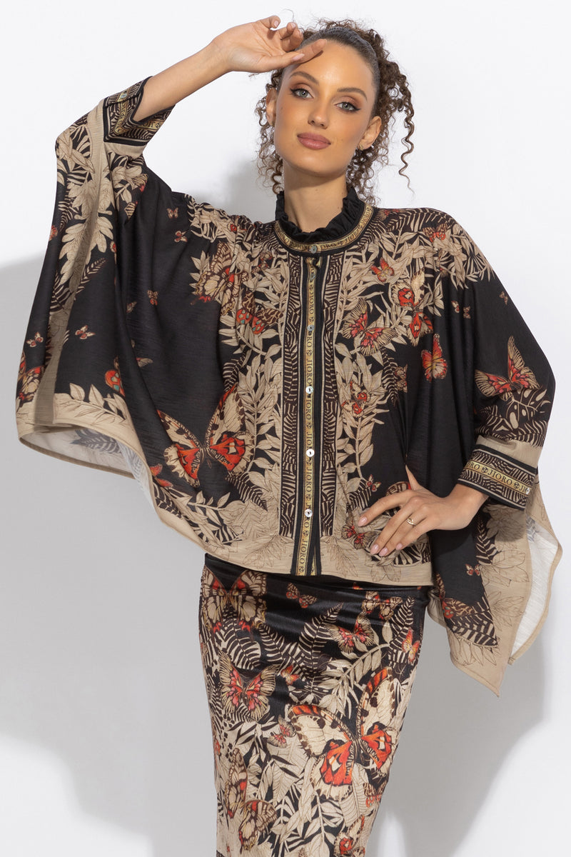 SQUARE TUNIC WITH RUFFLED COLLAR - MIDNIGHT BUTTERFLIES JIORO ПРАВОЪГЪЛНА ТУНИКА С ЯКА С НАБОРИ - MIDNIGHT BUTTERFLIES JIORO