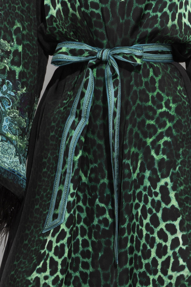 VISCOSE CAFTAN WITH FEATHERS - LEO NEON GREEN