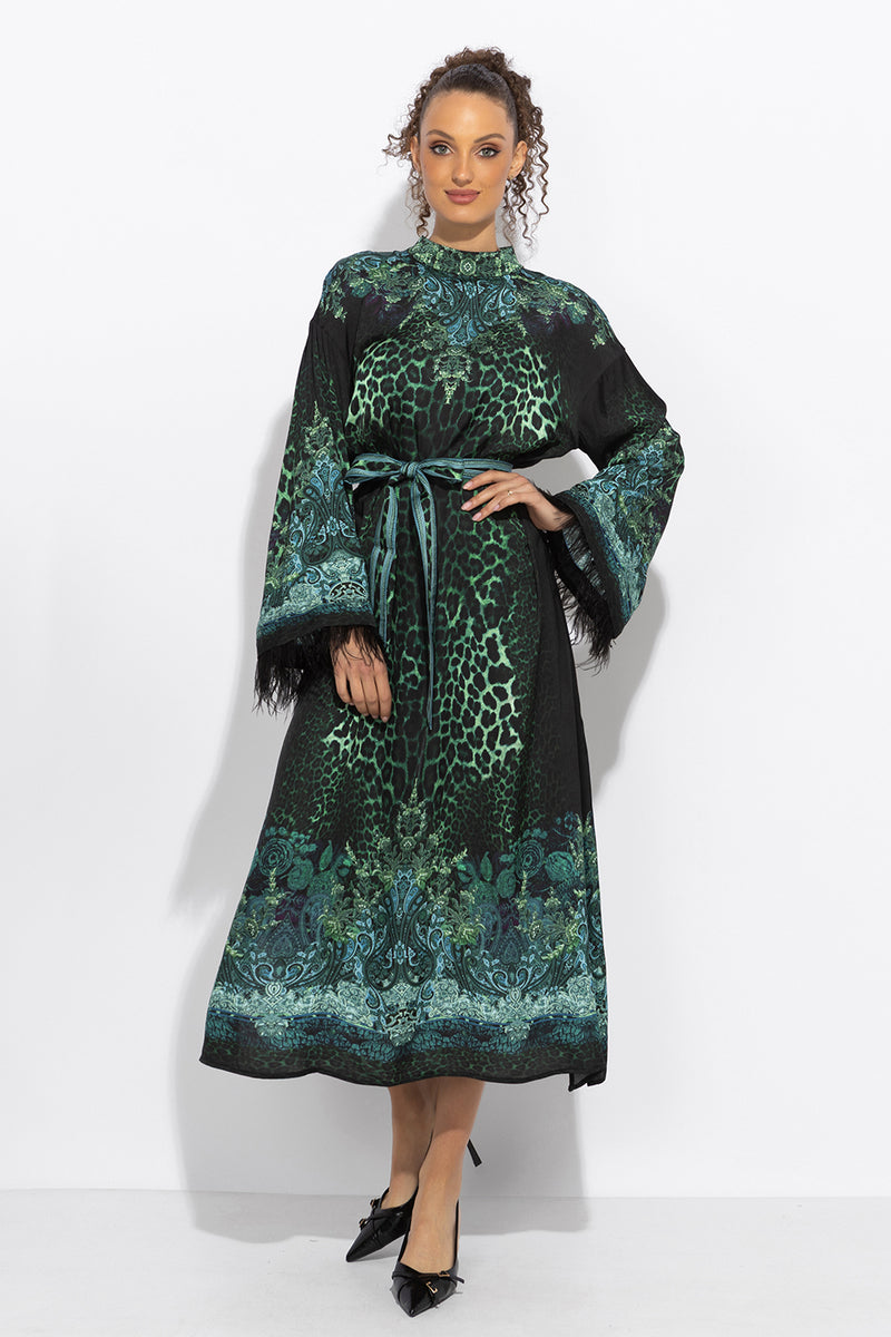 VISCOSE CAFTAN WITH FEATHERS - LEO NEON GREEN JIORO КАФТАН ОТ ВИСКОЗА С ПЕРА - LEO NEON GREEN JIORO