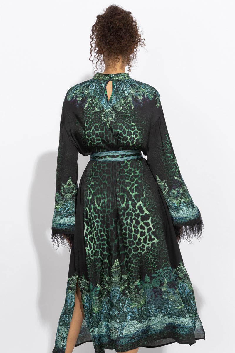 VISCOSE CAFTAN WITH FEATHERS - LEO NEON GREEN JIORO КАФТАН ОТ ВИСКОЗА С ПЕРА - LEO NEON GREEN JIORO