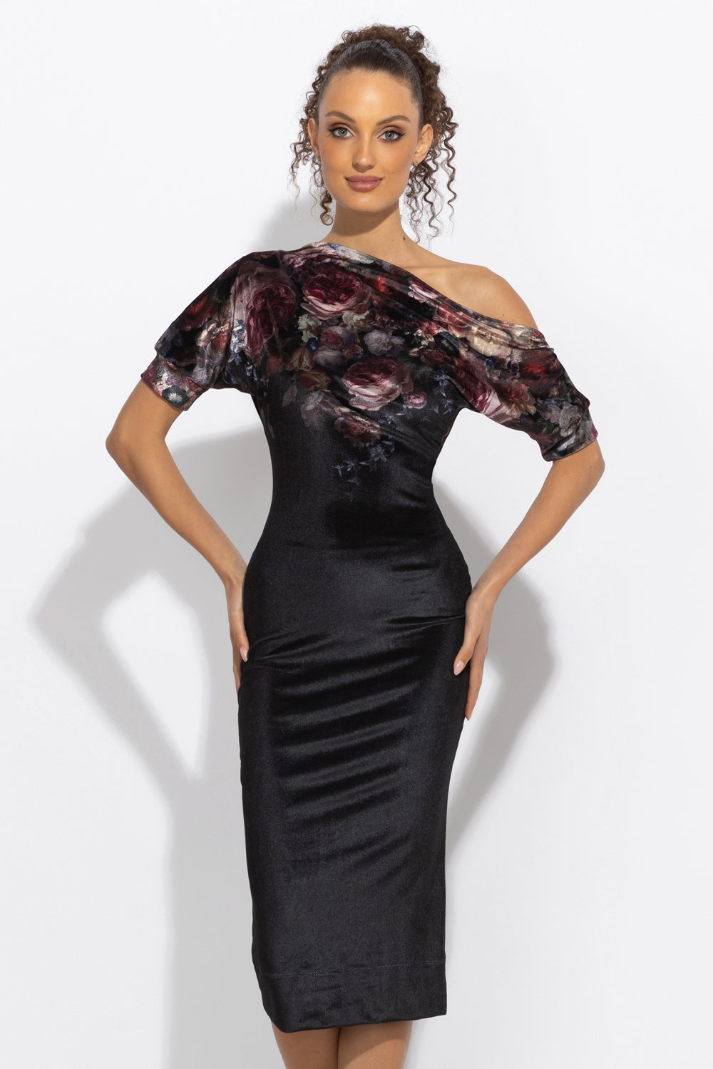 VELVET OFF-SHOULDER DRESS - VINTAGE FLOWERS