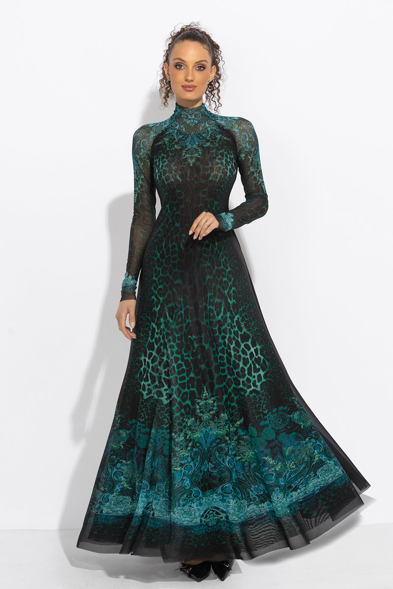 LONG FINE NET DRESS - LEO NEON GREEN