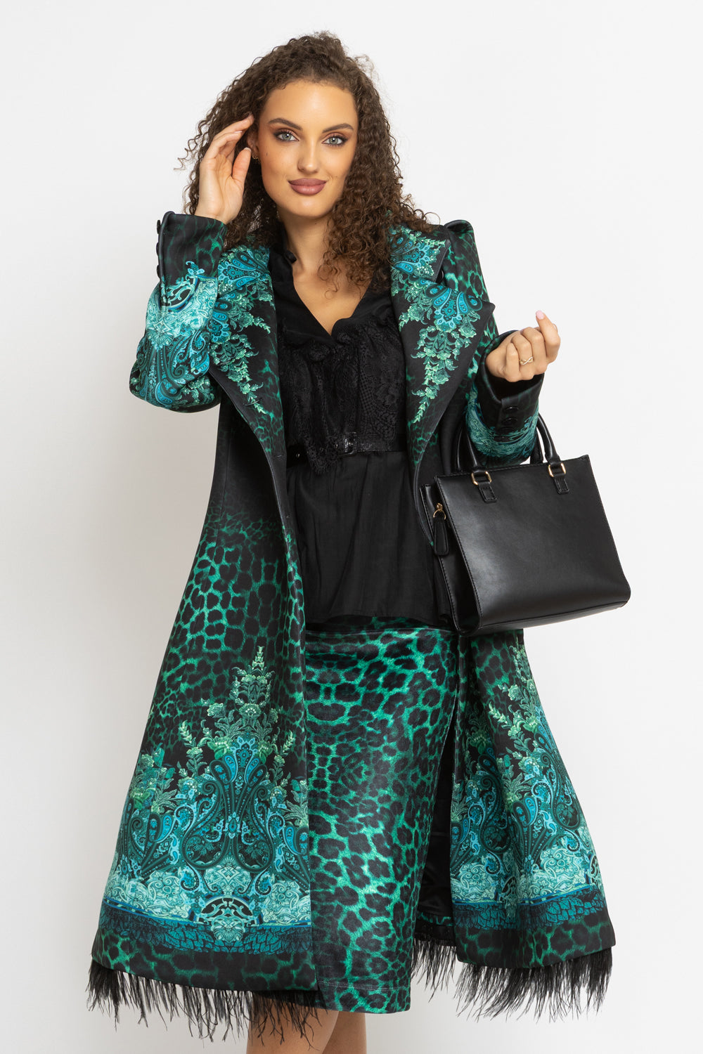 KNEE-LENGTH VELVET SKIRT - LEO NEON GREEN JIORO ПОЛА ДО КОЛЯНОТО ОТ КАДИФЕ - LEO NEON GREEN JIORO