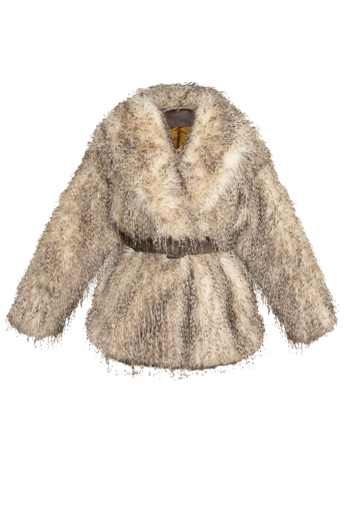 OVERSIZED FAUX FUR COAT WITH LARGE SHAWL COLLAR AND BELT IN LUNGO OWL COLOR - ESSENTIALS