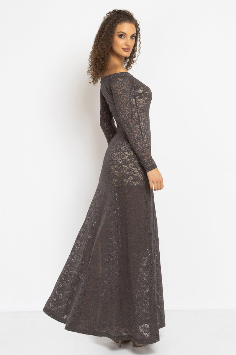 LONG A-LINE LACE DRESS WITH BOAT NECKLINE IN MOCHA - ESSENTIALS JIORO ДЪЛГА ДАНТЕЛЕНА РОКЛЯ В МОКА - ESSENTIALS JIORO