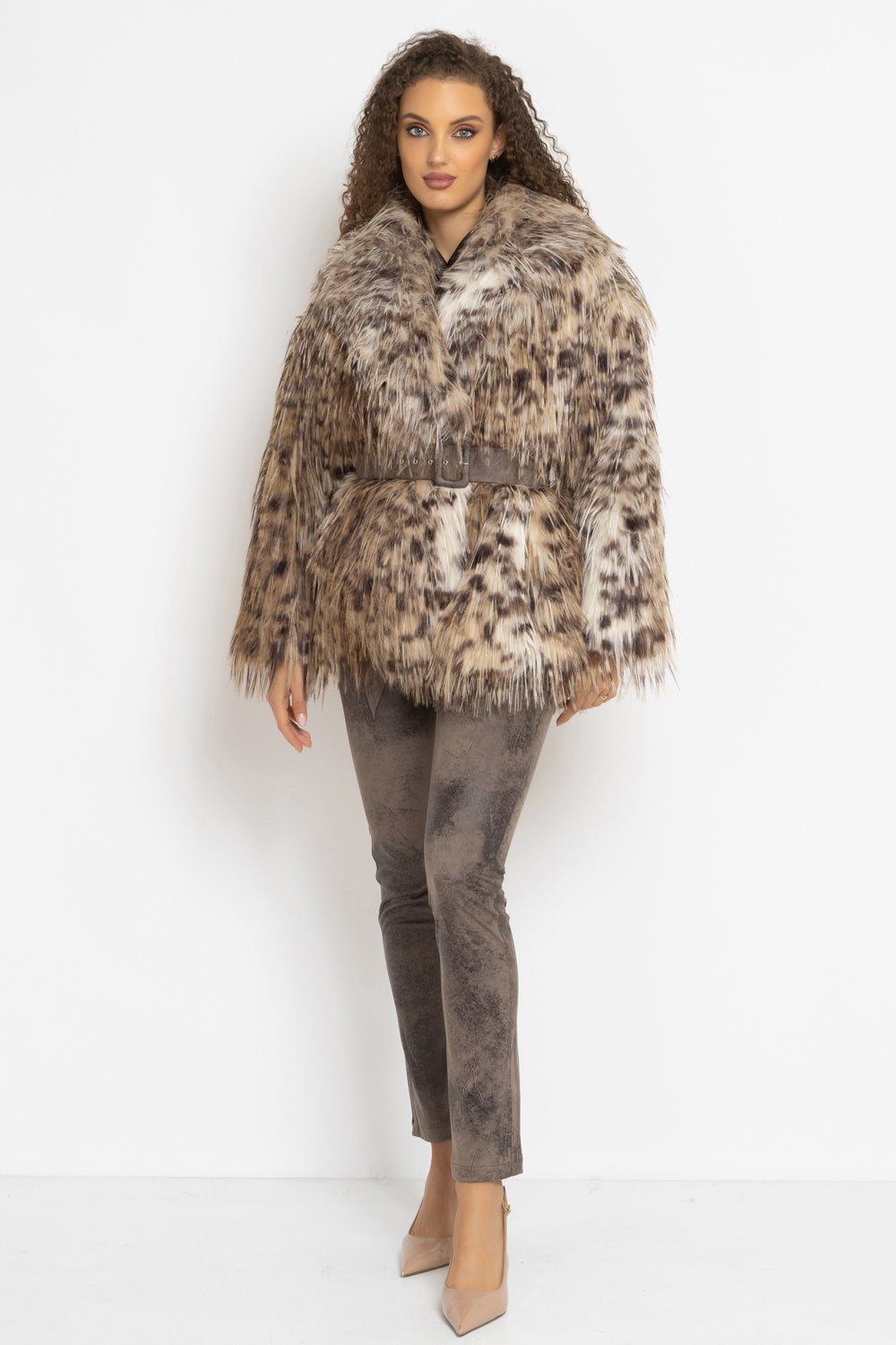 OVERSIZED FAUX FUR COAT WITH LARGE SHAWL COLLAR IN SERVAL PRINT AND BELT - ESSENTIALS