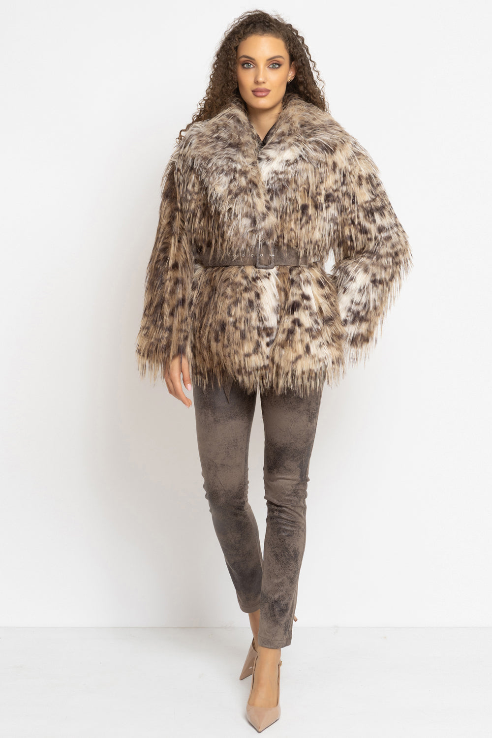 OVERSIZED FAUX FUR COAT WITH LARGE SHAWL COLLAR IN SERVAL PRINT AND BELT - ESSENTIALS