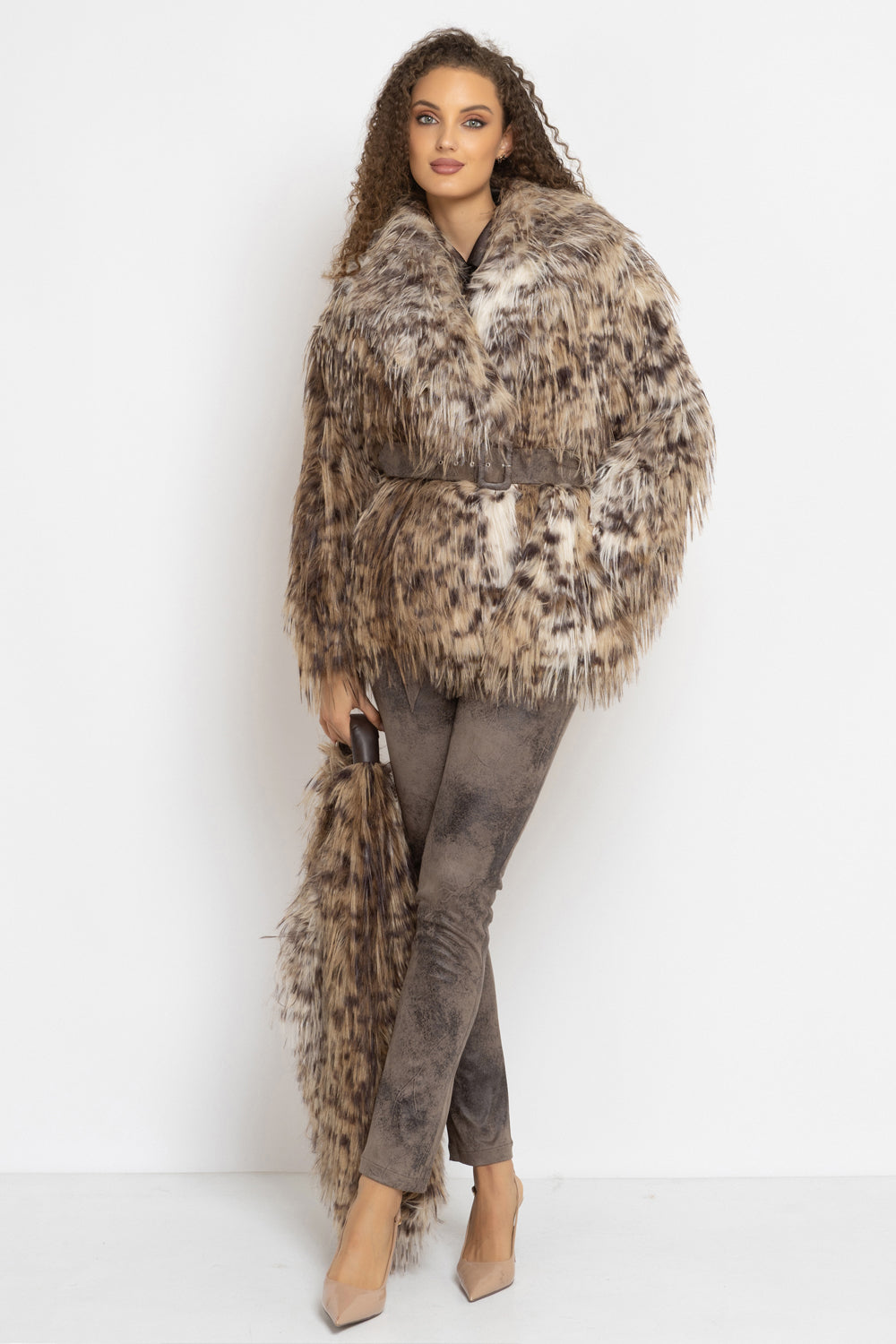 OVERSIZED FAUX FUR COAT WITH LARGE SHAWL COLLAR IN SERVAL PRINT AND BELT - ESSENTIALS