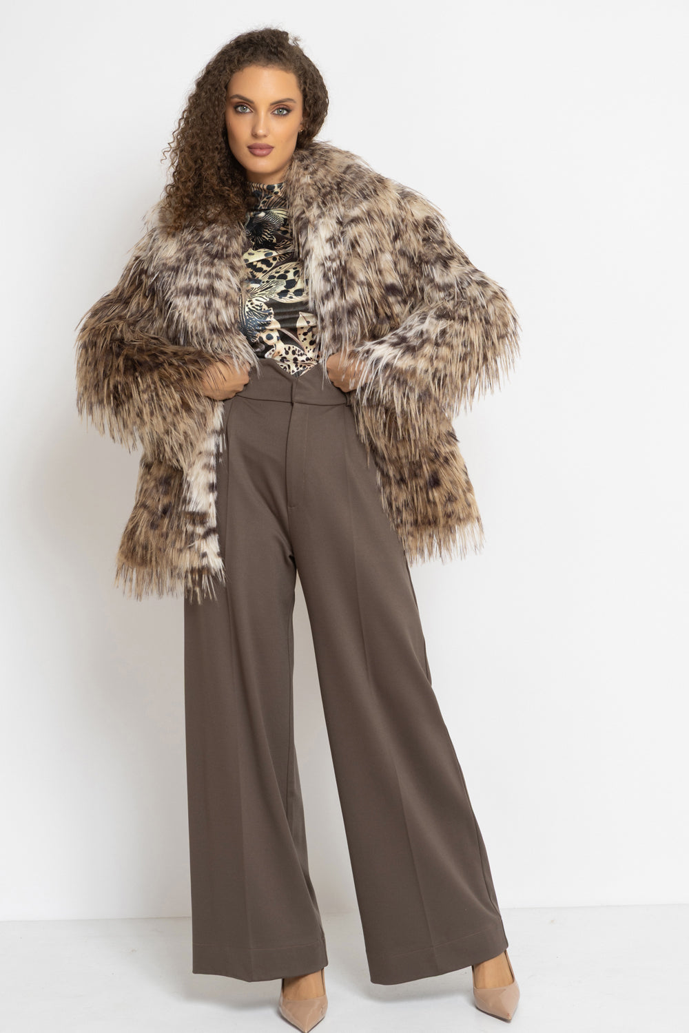 OVERSIZED FAUX FUR COAT WITH LARGE SHAWL COLLAR IN SERVAL PRINT AND BELT - ESSENTIALS