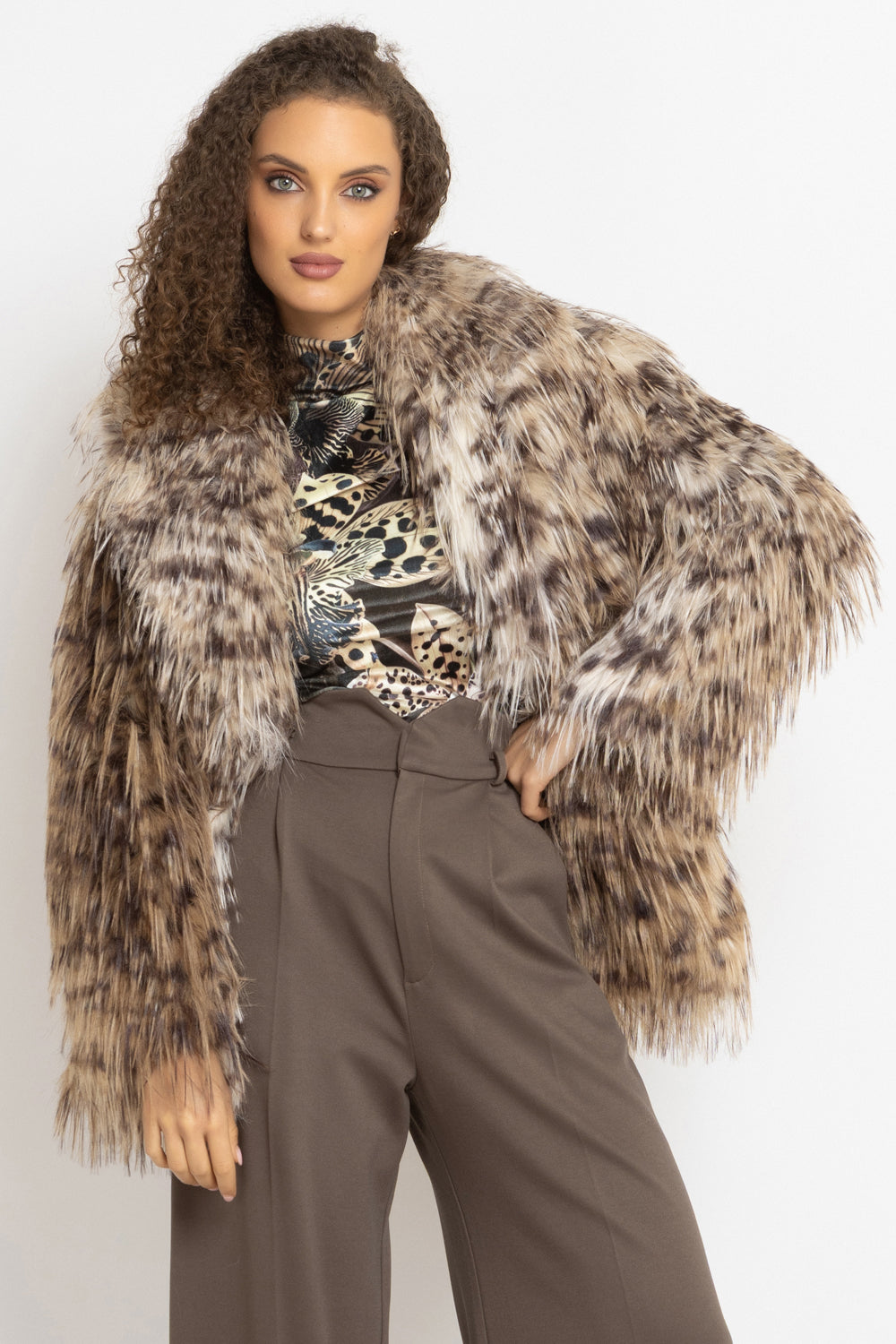 OVERSIZED FAUX FUR COAT WITH LARGE SHAWL COLLAR IN SERVAL PRINT AND BELT - ESSENTIALS