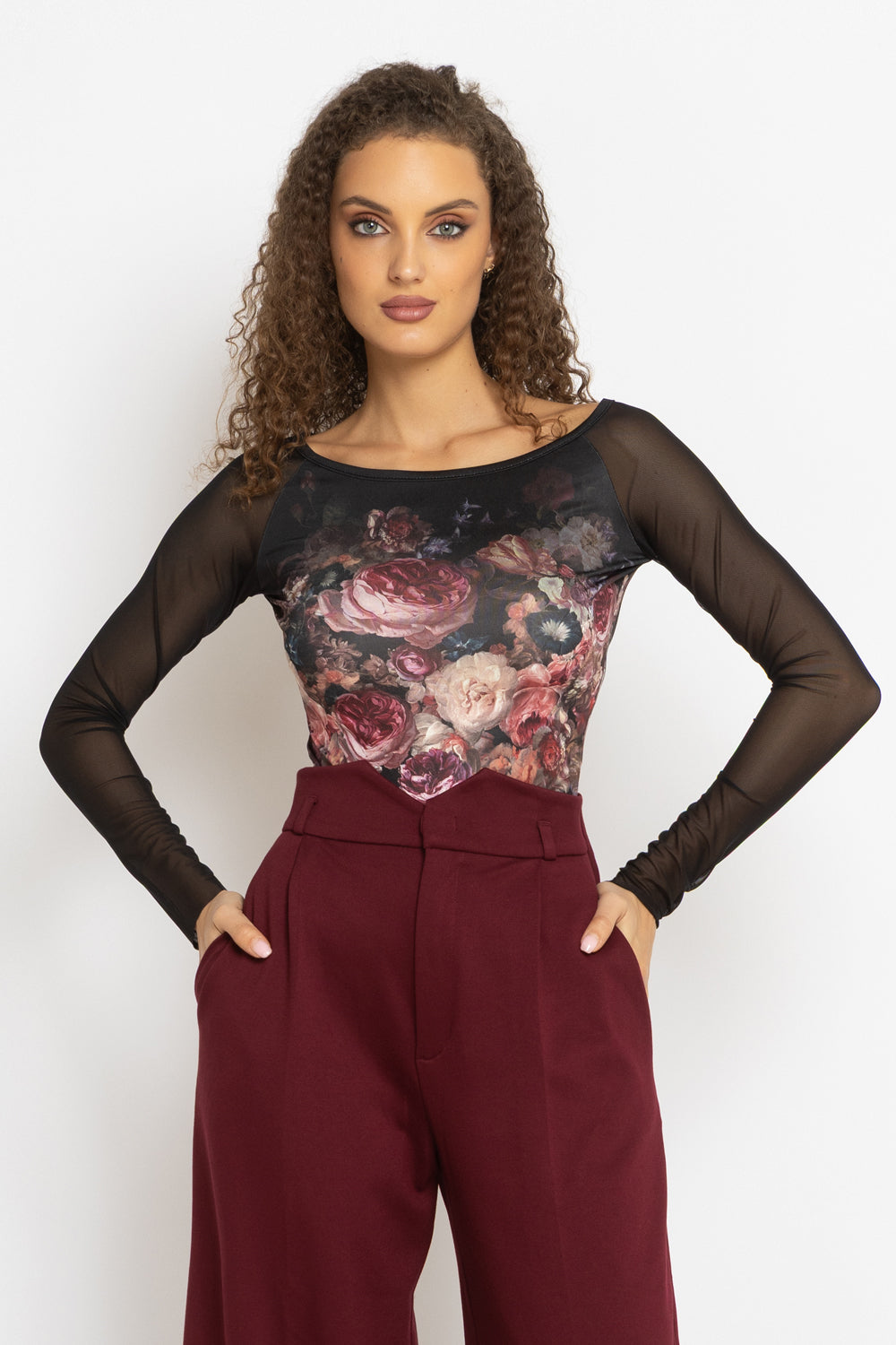 VISCOSE BLEND HIGH-WAISTED BURGUNDY TROUSERS - ESSENTIALS