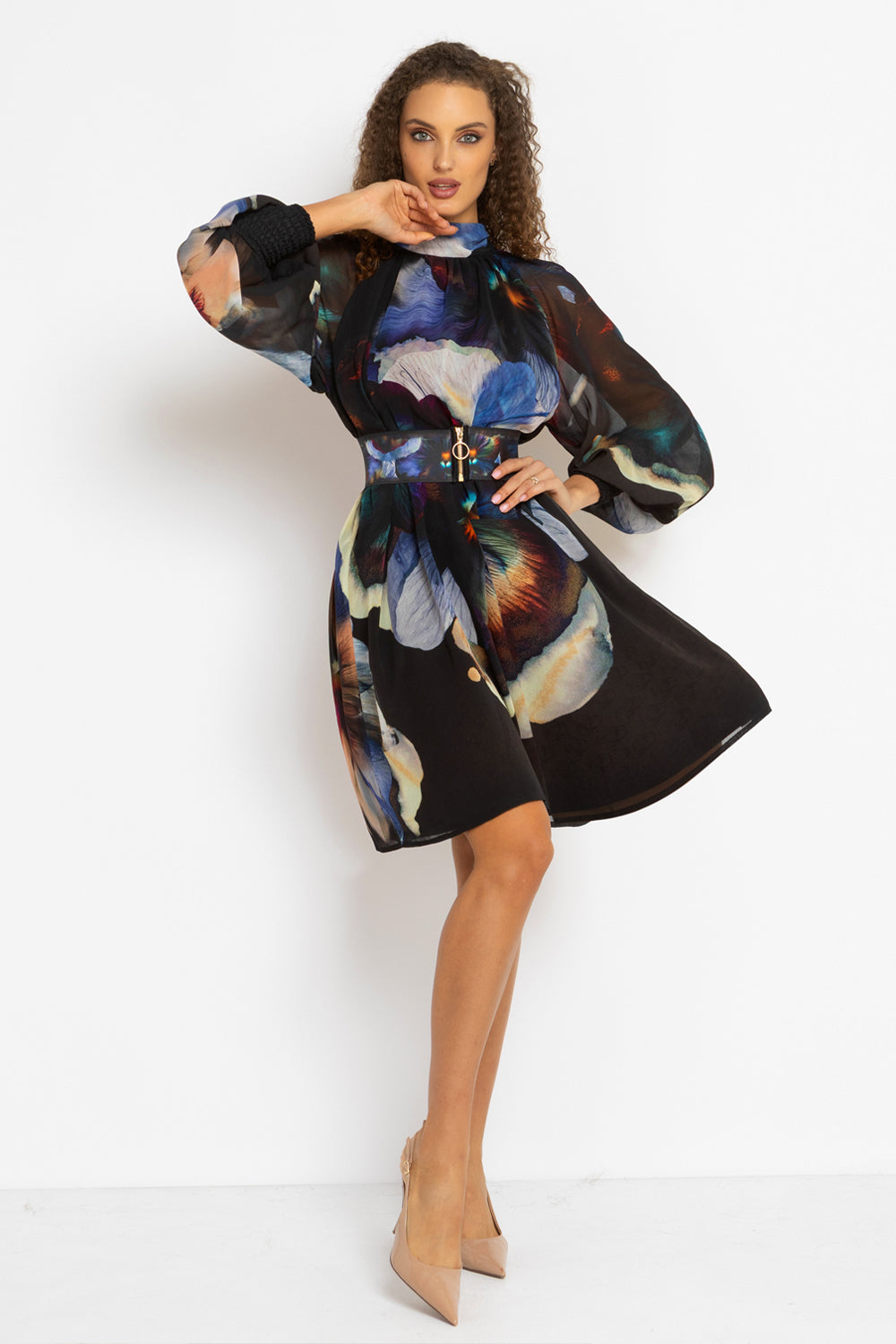 RELAXED DRESS WITH BALLOON RAGLAN SLEEVES AND BACK TIE - VIOLET