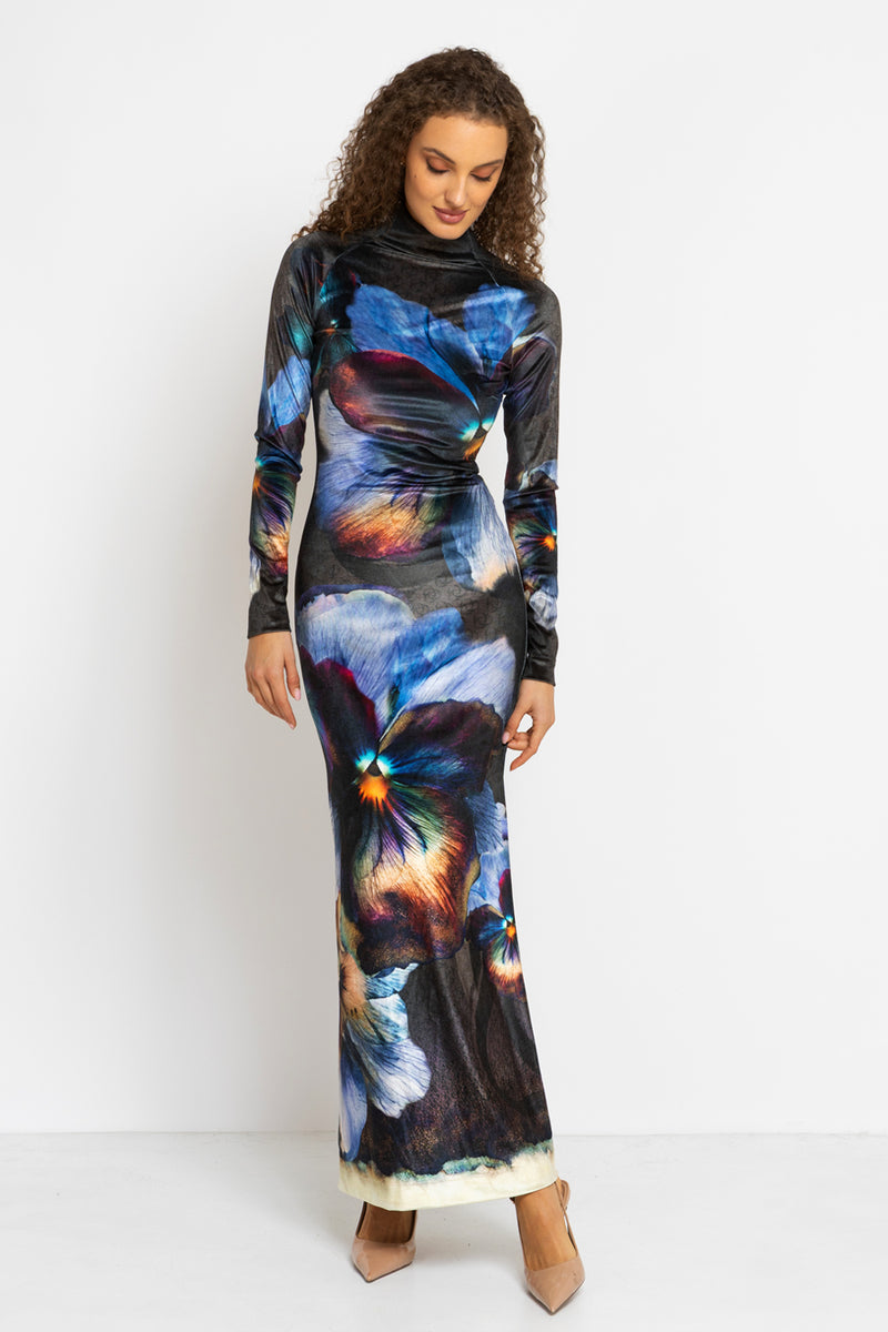 VELVET MAXI DRESS WITH REGLAN LONG SLEEVES, HIGH NECK AND SIDE SLIT - VIOLET