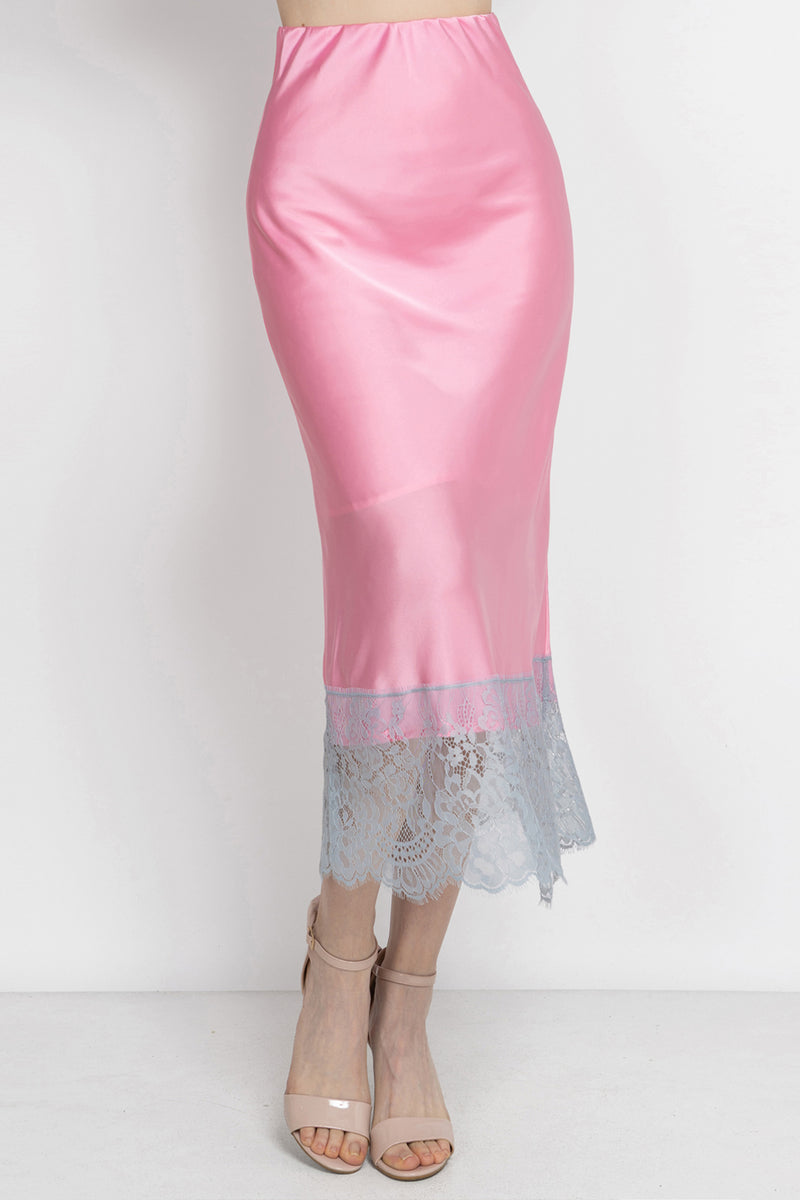 FLARED PINK SKIRT WITH LACE TRIM IN WHITE BLUE - ESSENTIALS