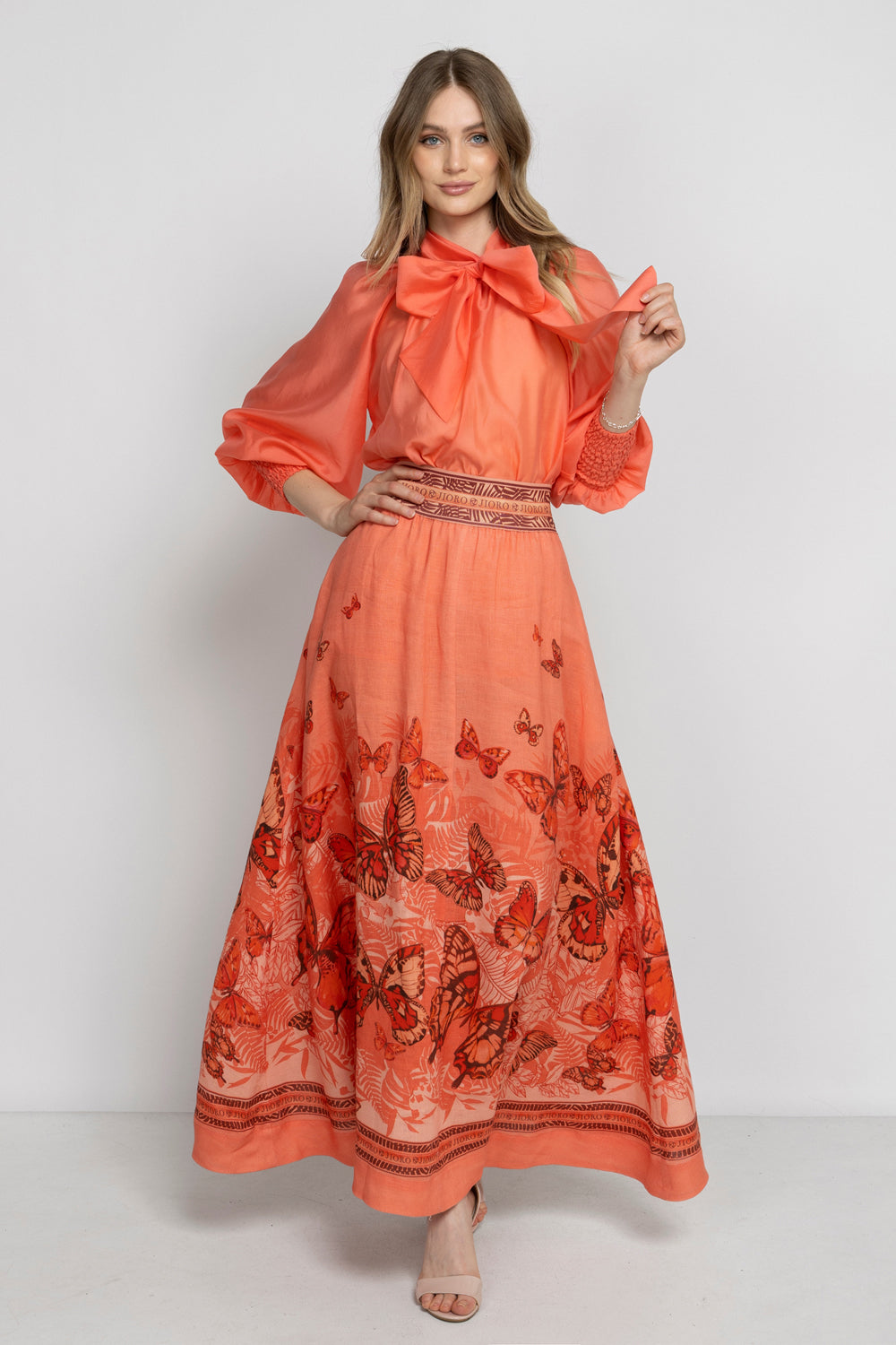 LONG LINEN SKIRT WITH ELASTIC WAIST AND SIDE POCKETS - PAPAYA BUTTERFLIES