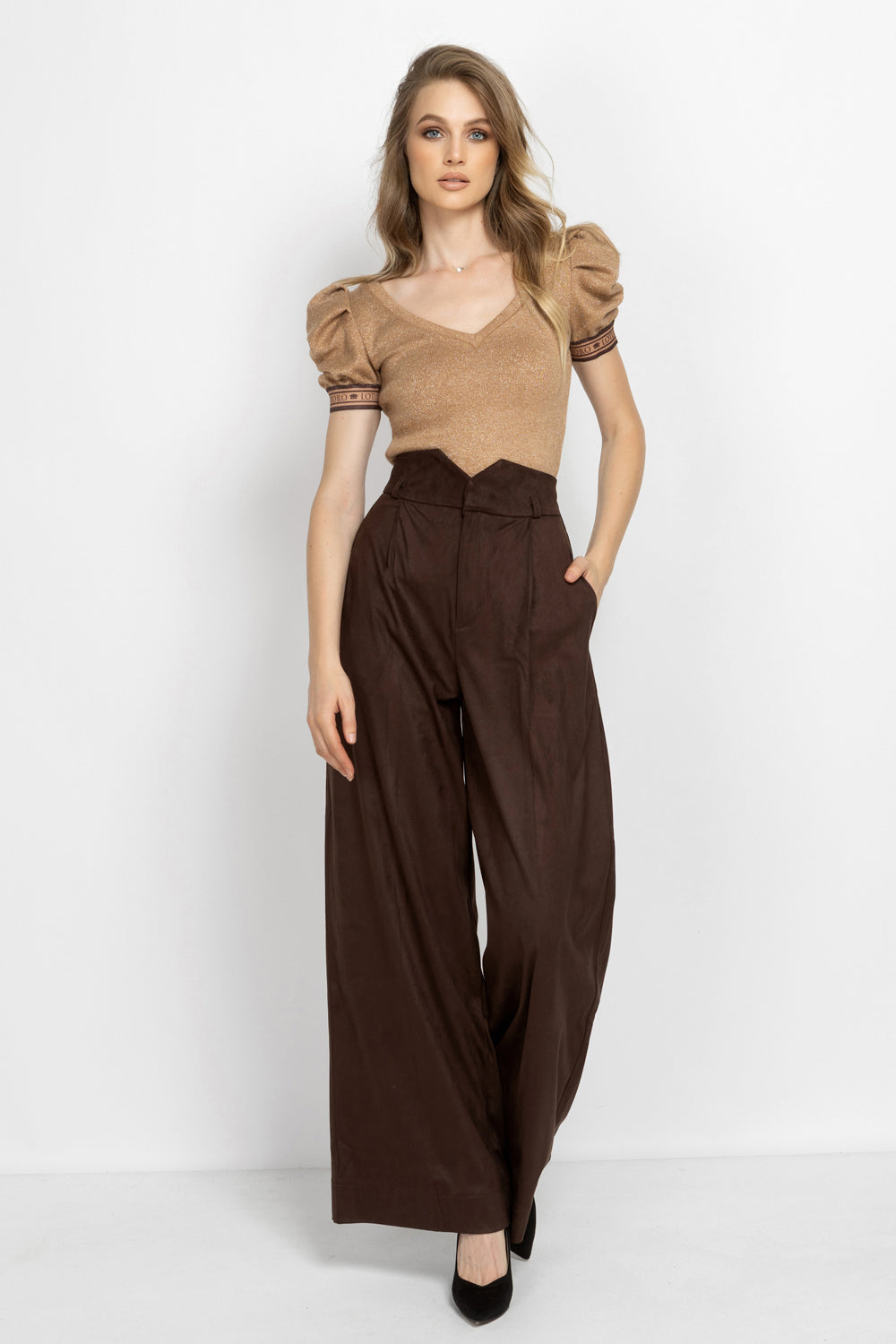 GOLD LUREX V-NECK TOP WITH PUFF SLEEVES - ESSENTIALS