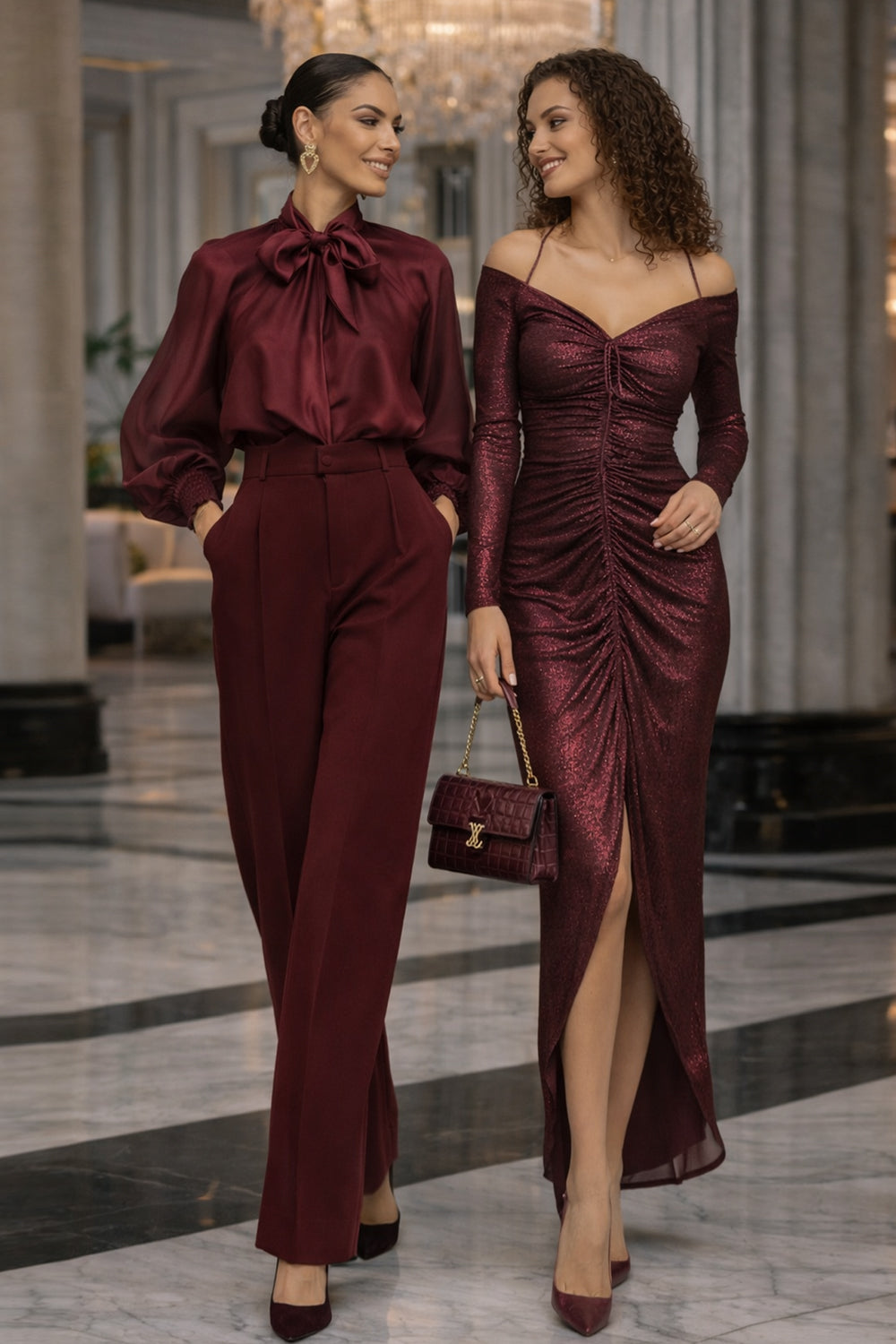 ASYMMETRIC LUREX DRESS WITH KNOT DETAIL AND FRONT DRAWSTRING - BURGUNDY LOGO JIORO АСИМЕТРИЧНА РОКЛЯ ОТ ЛУРЕКС С ВЪЗЕЛ - BURGUNDY LOGO JIORO