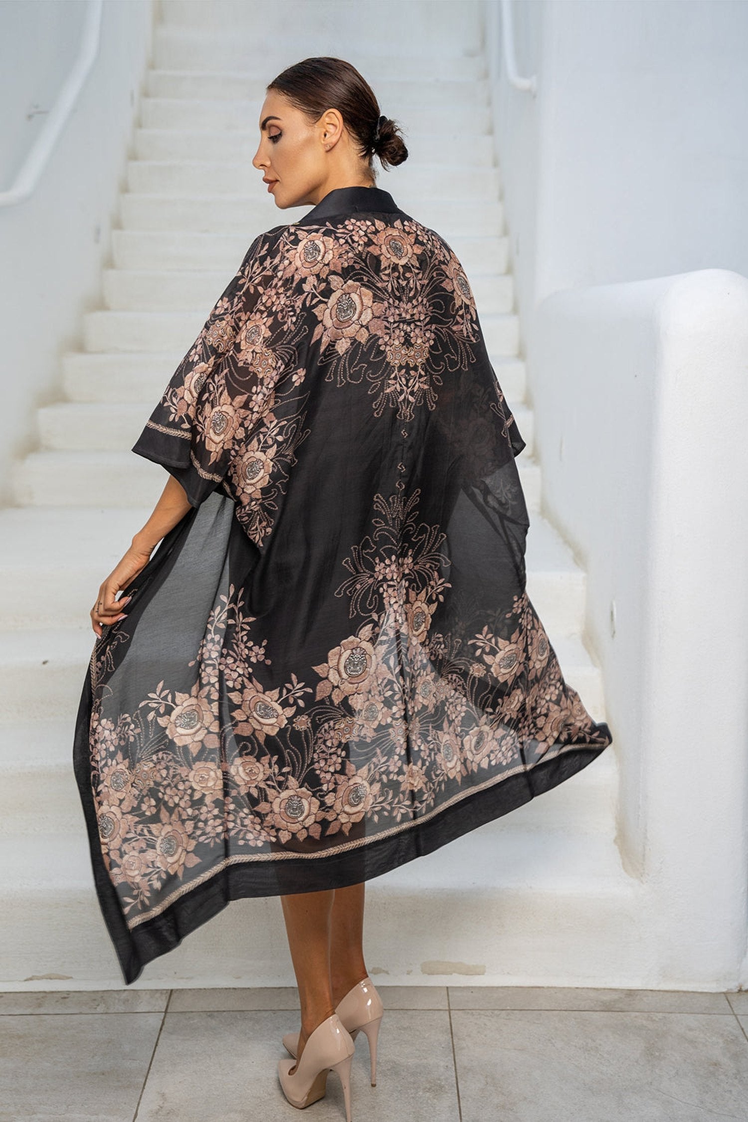 Kimono en coton de soie - Roses dorées