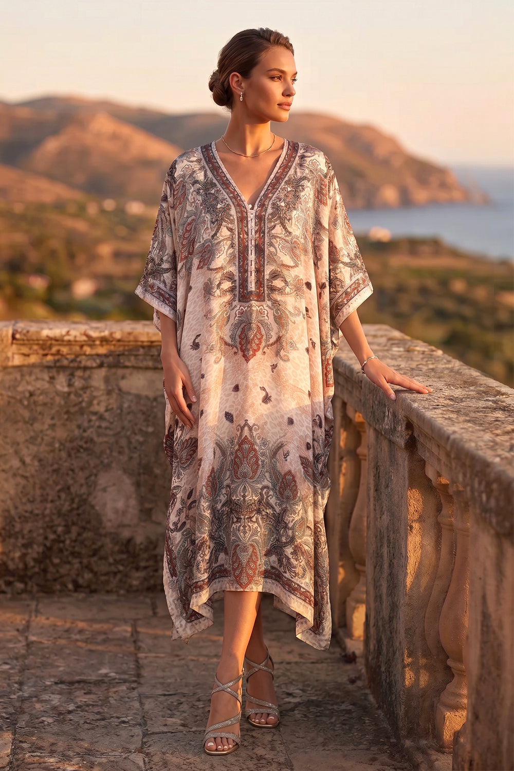 SATIN VISCOSE CAFTAN - PAISLEY BEIGE