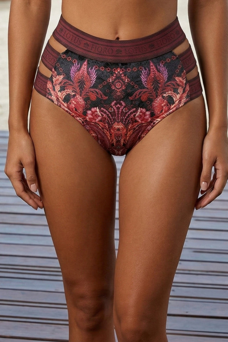 HIGH-WAISTED VELVET BIKINI BOTTOMS - PAISLEY DARK