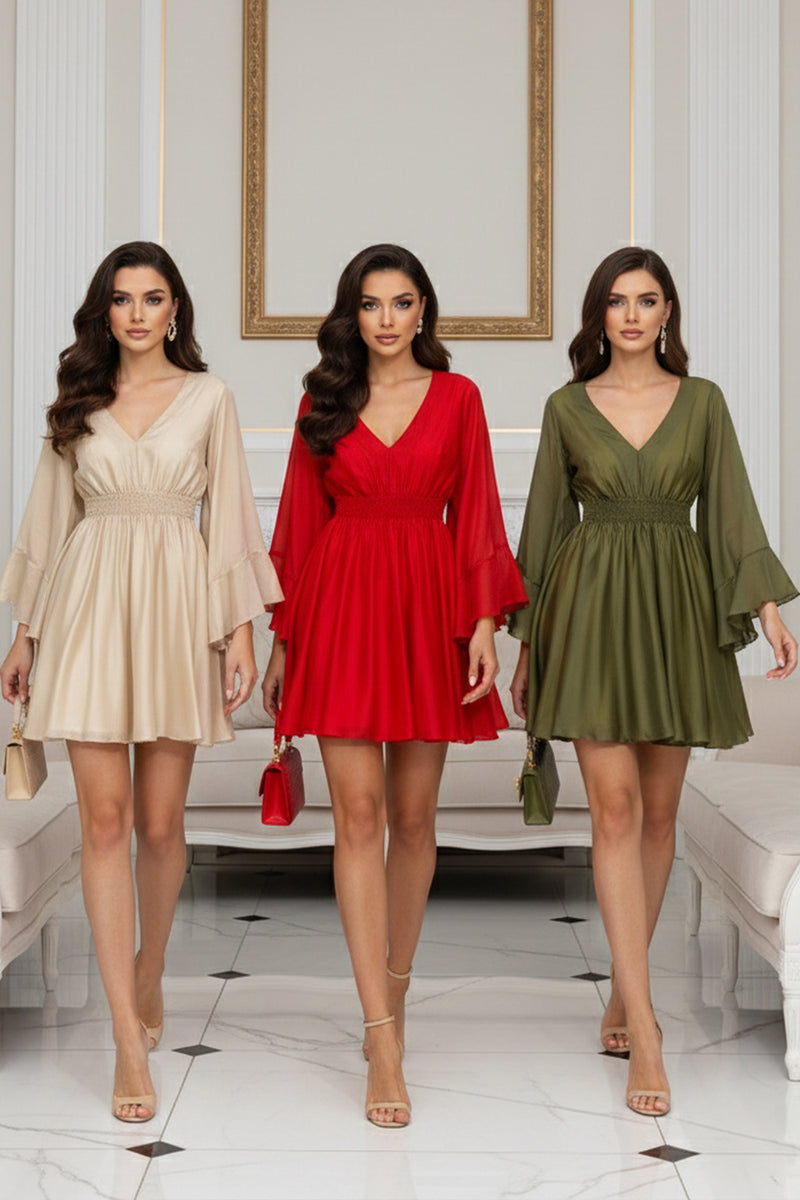 SHORT TENCEL DRESS WITH WIDE SLEEVES IN OLIVE GREEN - ESSENTIALS