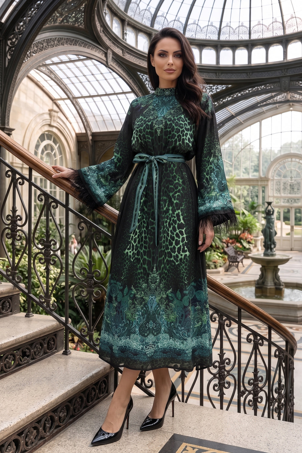 Caftan en satin de viscose avec plumes - Leo vert néon