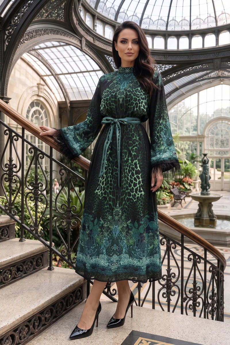 Caftan en satin de viscose avec plumes - Leo vert néon